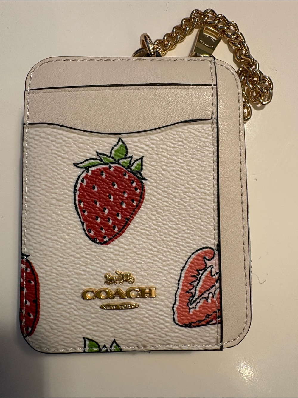 COACH White Strawberry Print Card Holder with Gold Chain - Picture 2 of 9